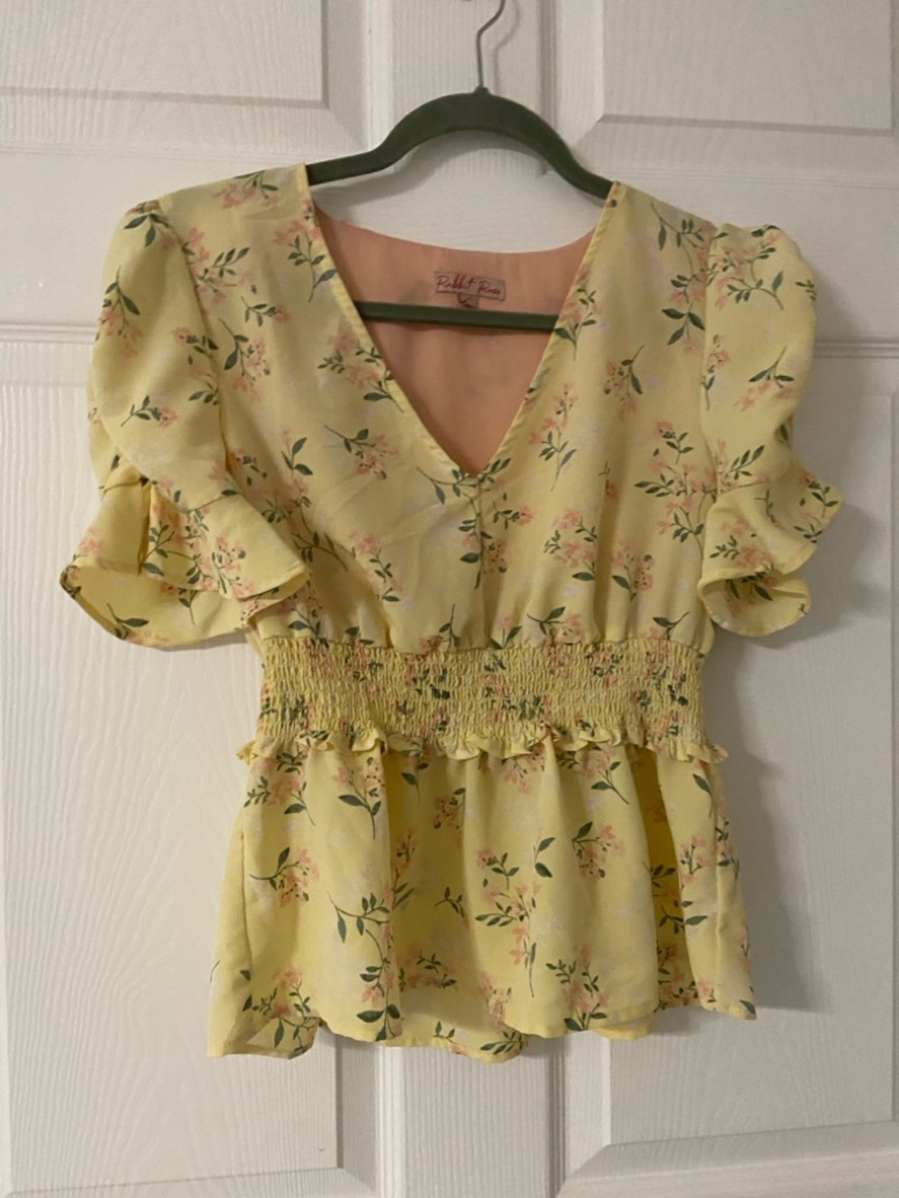 T38a- RABBIT ROSE Floral Butter Yellow Smocked Surplice Blouse